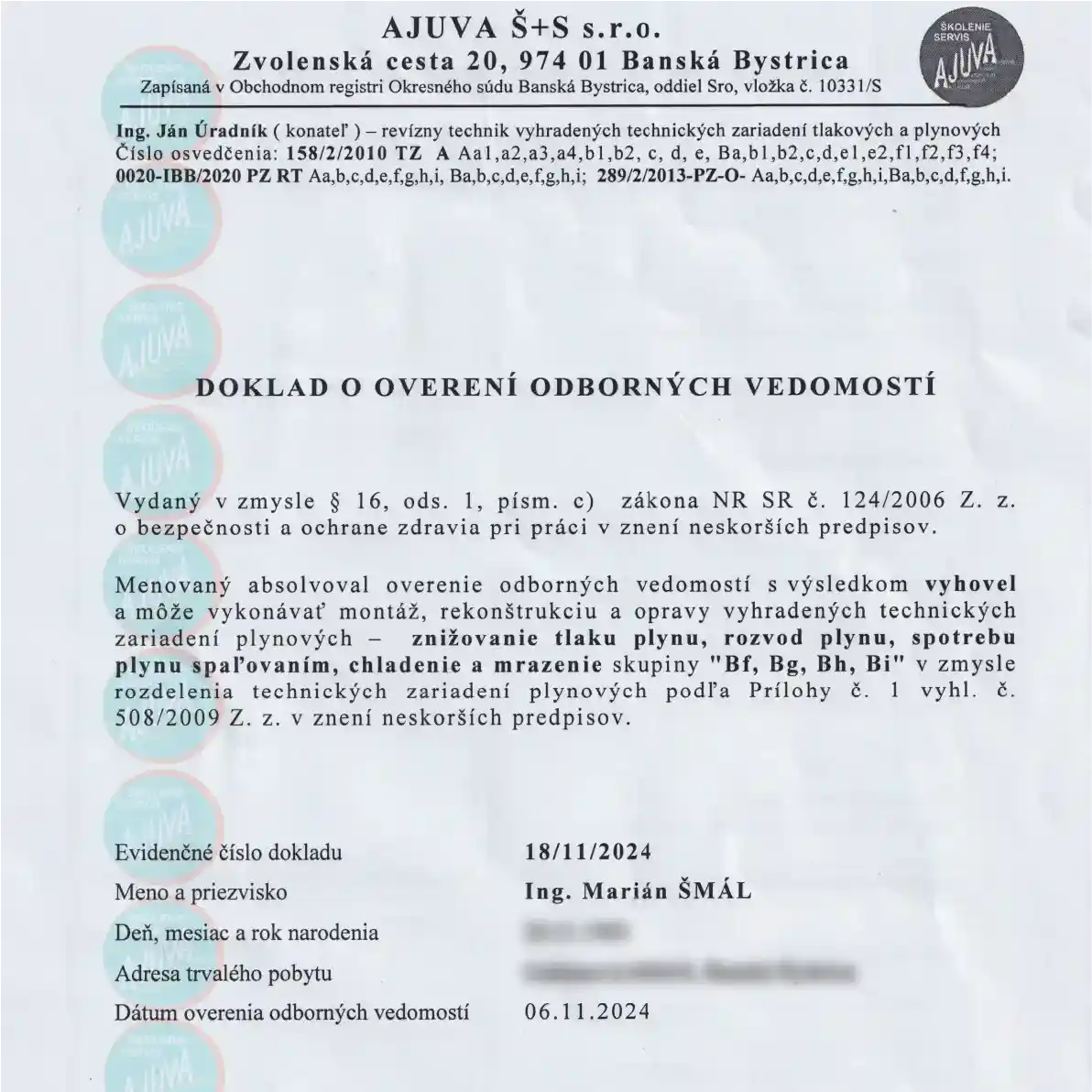 Doklad o overení odborných vedomostí pre plynárenské zariadenia (AJUVA Š+S, 2024) - náhľad