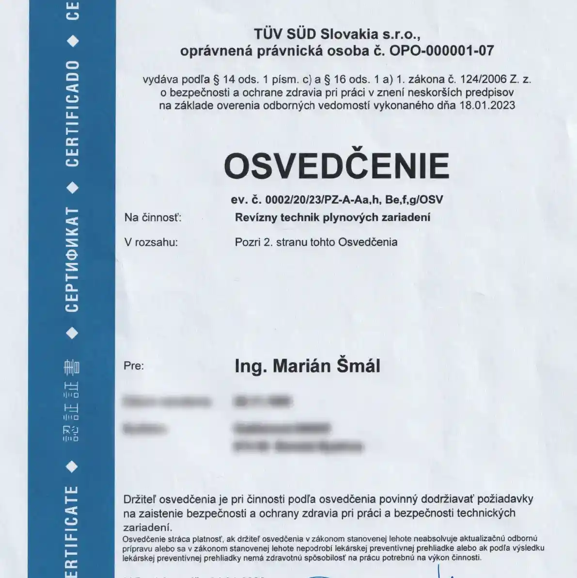 Osvedčenie - revízny technik plynových zariadení (TÜV SÜD Slovakia, 2023) - náhľad